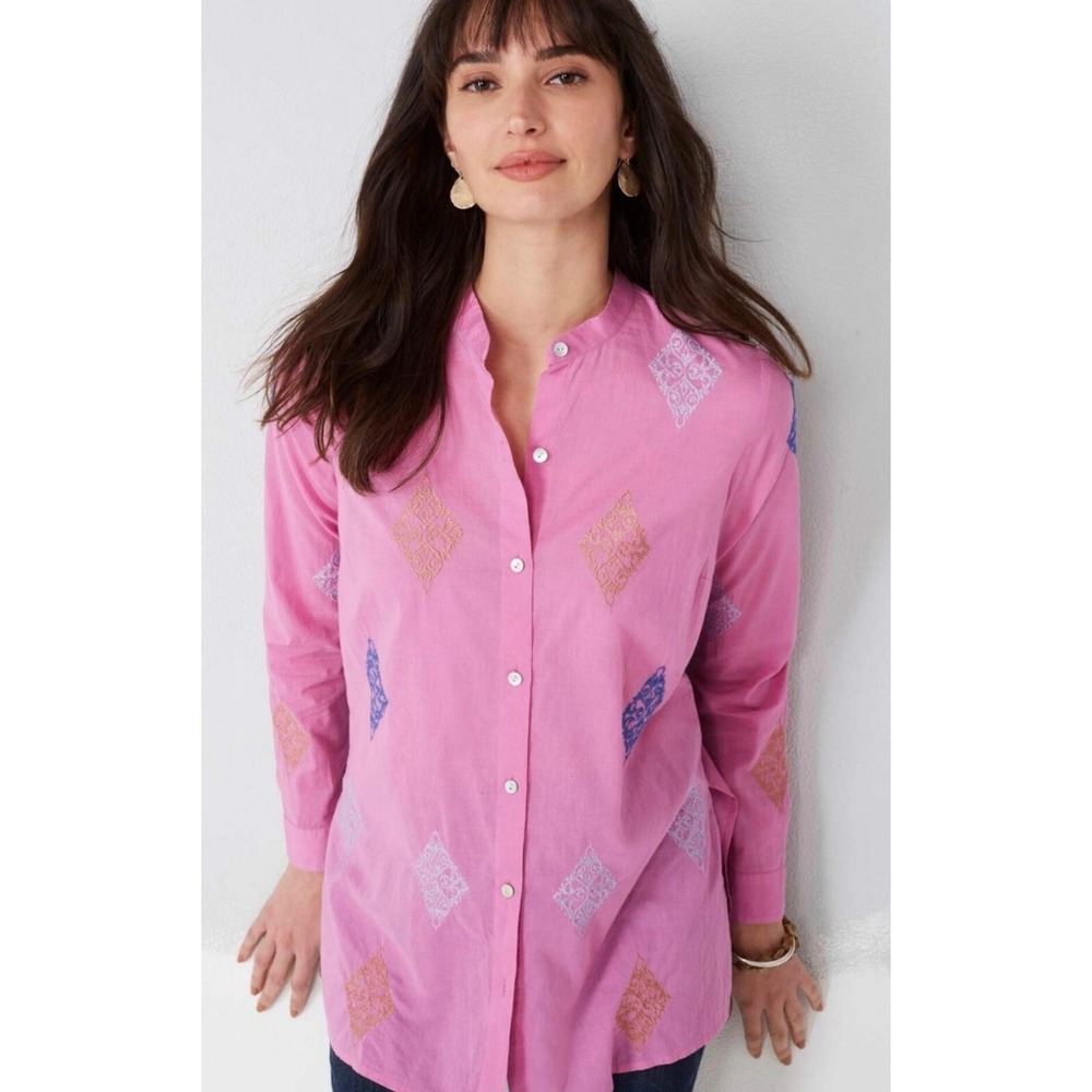 J Jill Pink Embroidered Diamond‎ Band Collar Button Down Shirt Petite L